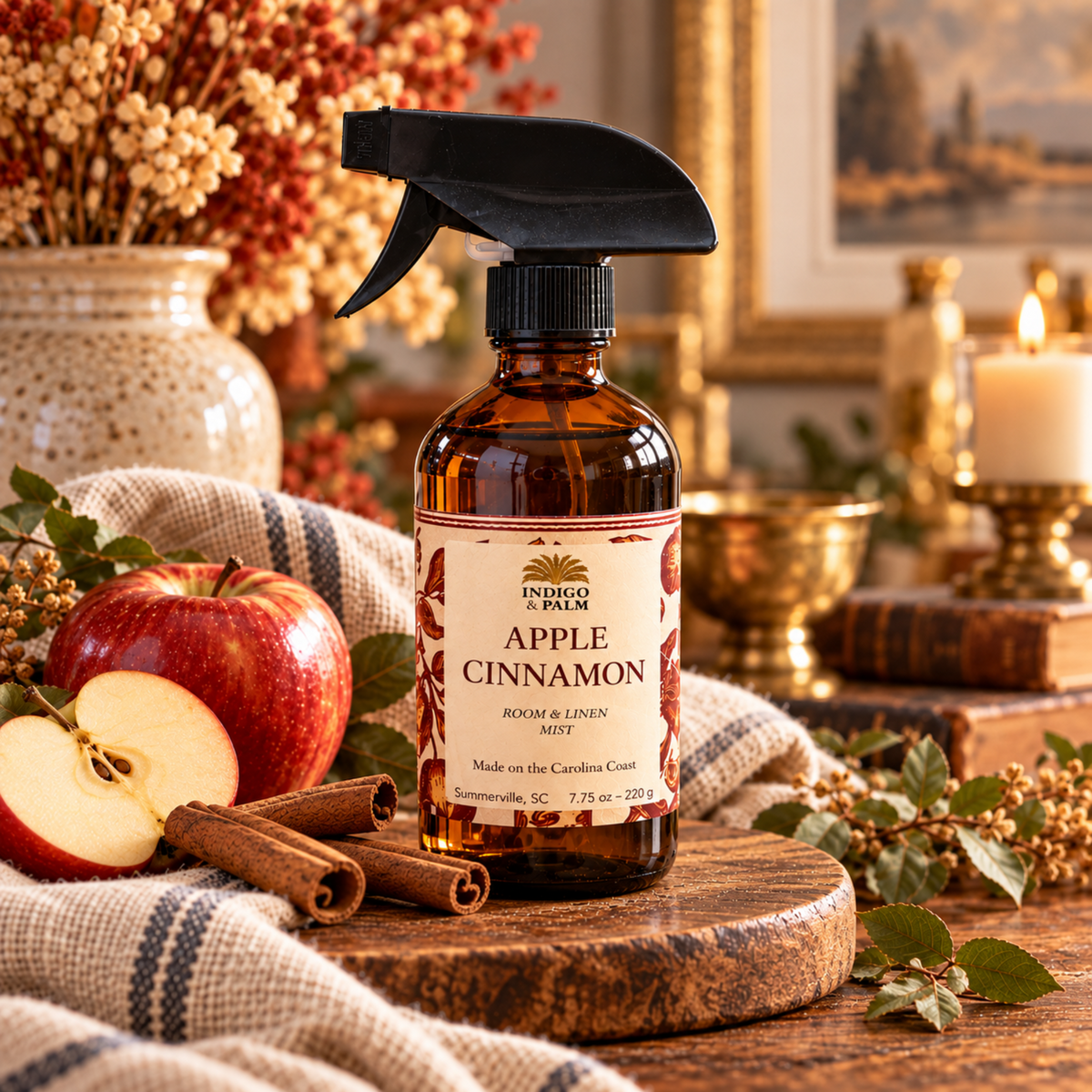 An amber glass spray bottle labeled 'Indulge & Balm Apple Cinnamon' stands on a wooden board in a styled autumn scene with a red apple, cinnamon sticks, dried flowers, and candles in the background.