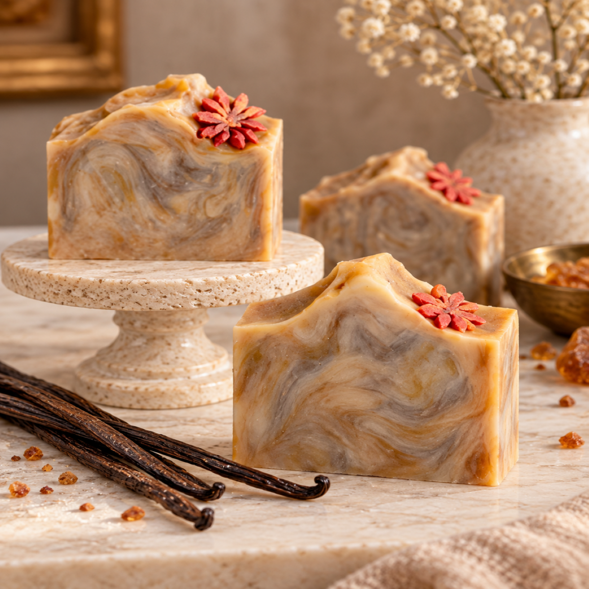 Three artisanal marbled soap bars with red star accents are displayed on a marble surface, with vanilla beans, amber pieces, and dried flowers in the background.