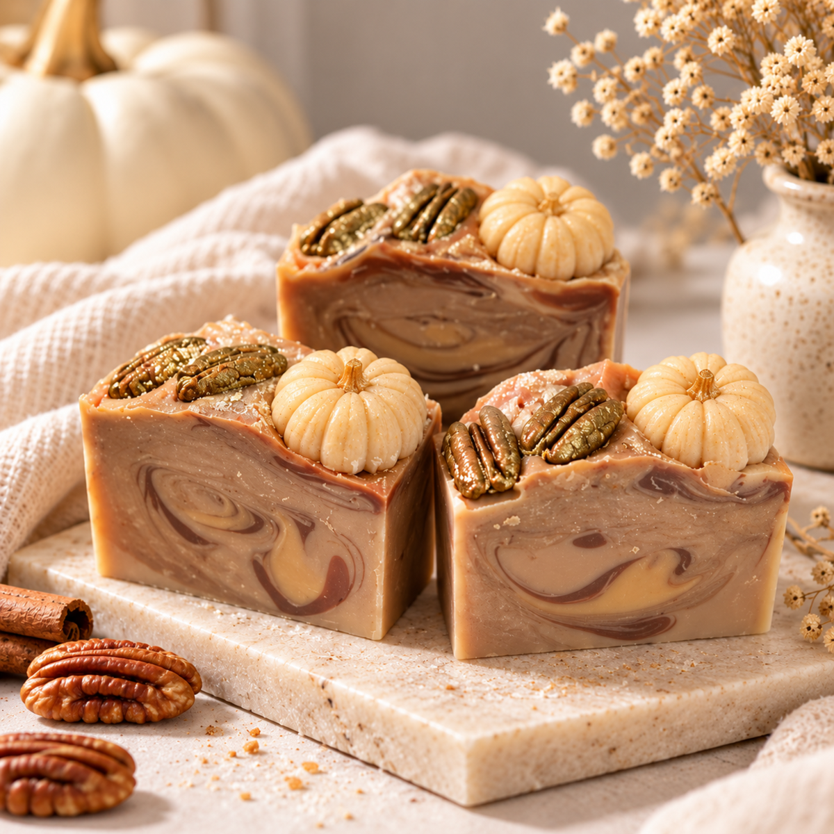 Three decorative artisan soap bars with marbled pumpkin and pecan motifs, arranged on a marble board with scattered pecans and dried flowers in the background.