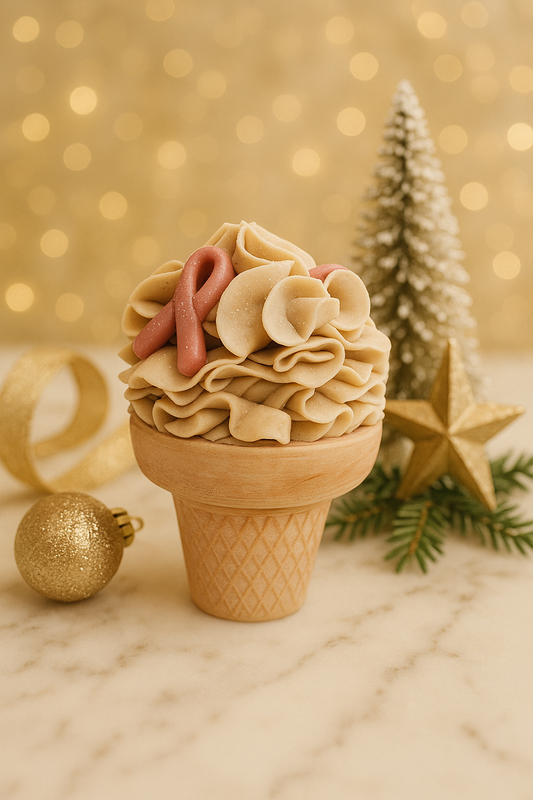 soap ice cream cone with Christmas ornaments around it