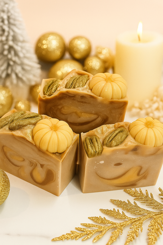 light tan soap with pumpkin and pecan on top with Christmas background